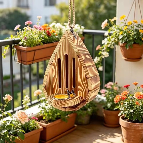 Hanging wooden bee house - wooden, moth